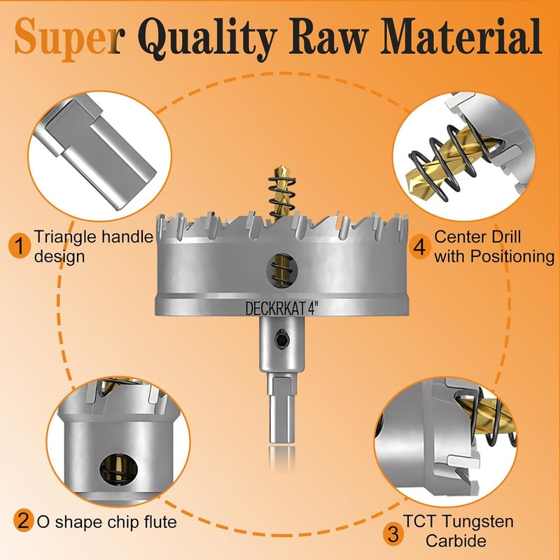 DECKRKAT 4" TCT Hole Saw for Hard Metal, Heavy Duty 100mm Tungsten Carbide Tipped Hole Cutter with Spring-Loaded Pilot Drill Bit for Stainless Steel, Metal, Iron, and Plastic - Image 4